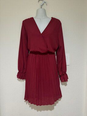 BBX Lephsnt Burgundy Wine Pleated Long Sleeve Wrap Mini Dress M